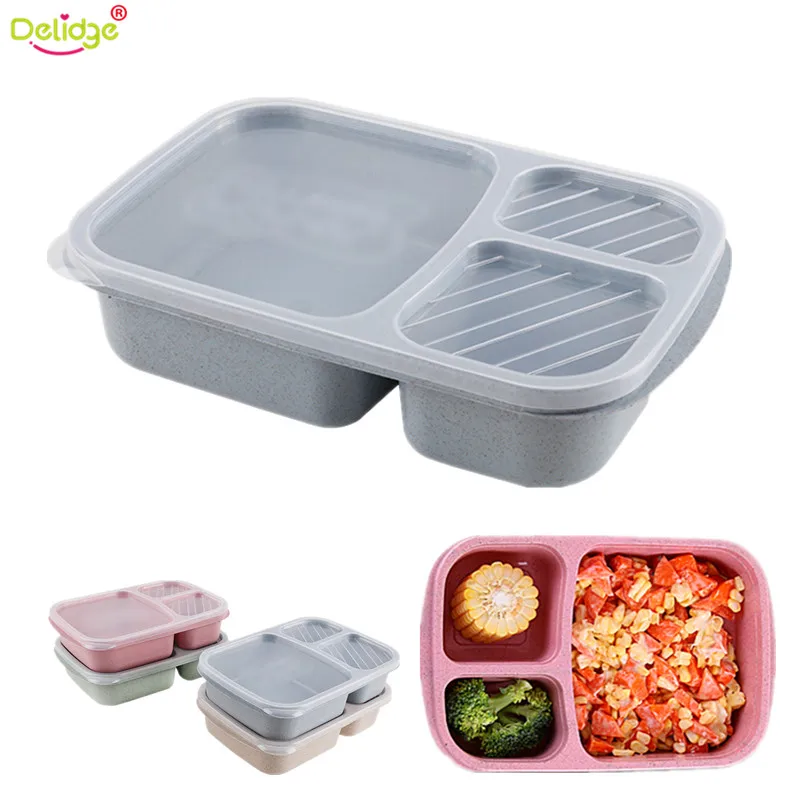 

Delidge 1 pc 3 Grid Portable Cutlery Set Plastic Wheat Straw Food Crisper Picnic Tableware Set With Microwave Cutlery Box
