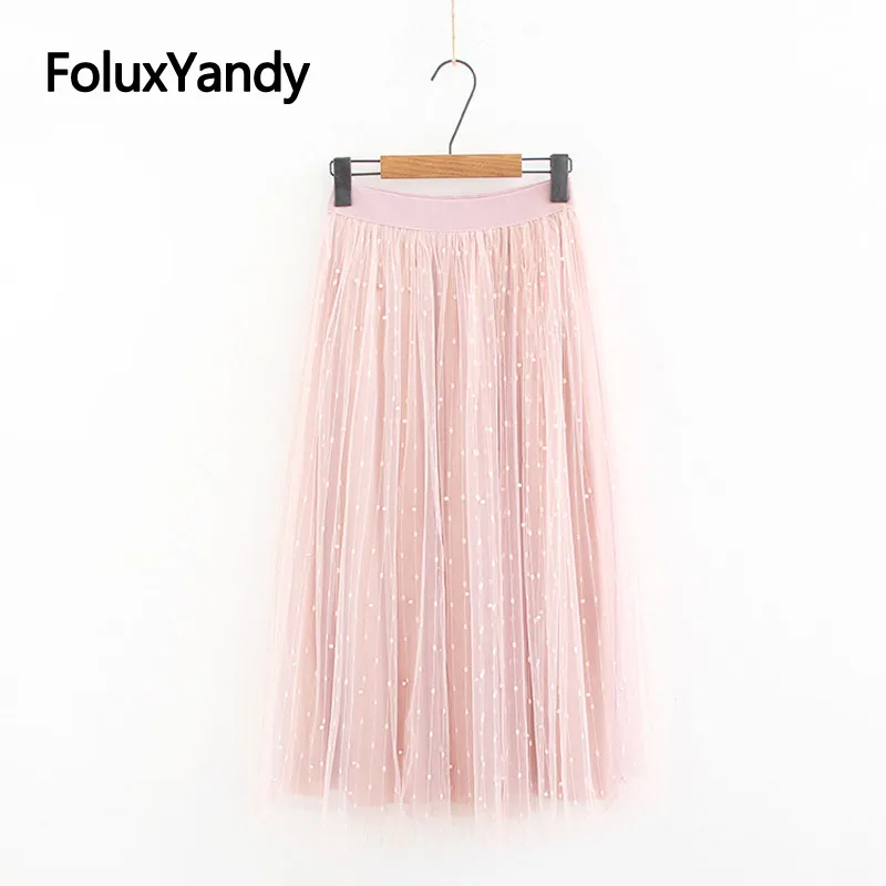 Брюки-клеш с вышивкой Юбки женские корейский стиль жемчуг сетка; с высокой талией длинная юбка розовый черный бежевый SWM1308