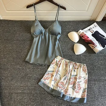

polyster Silk Pajamas for Women Floral Womens Pajama Set summer Pyjamas Satin Sleepwear V-Neck home suit home set sleepwear