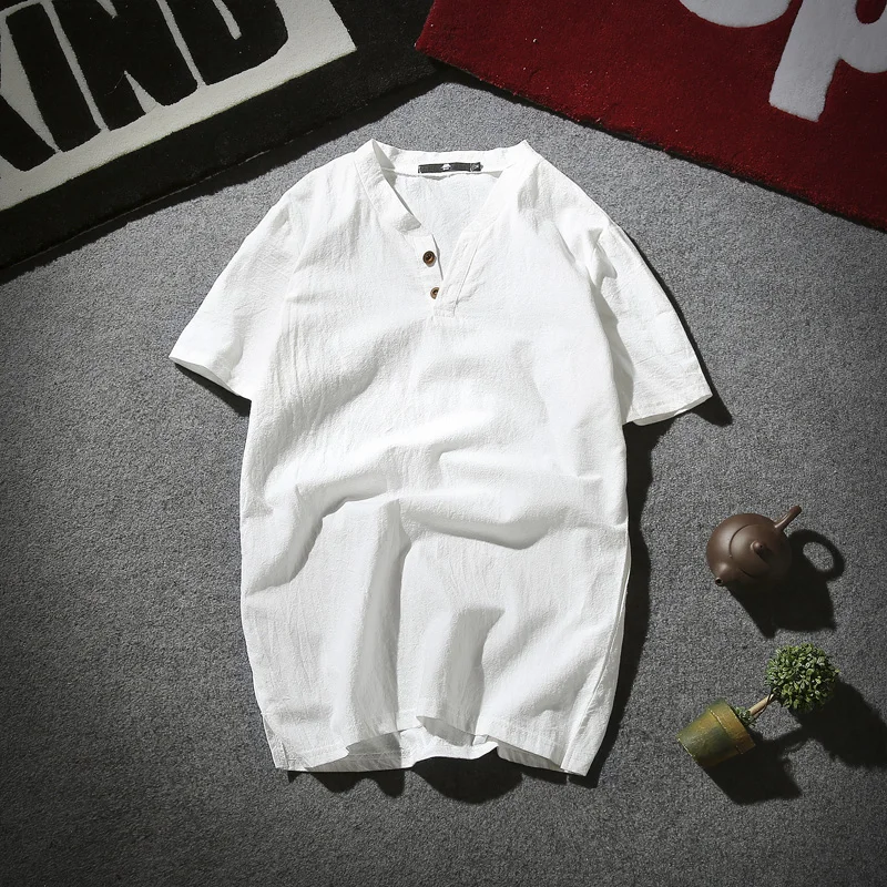 

YASUGUOJI New Mens Summer Short-sleeve T Shirts Fashion 2019 Casual Solid Color Linen Men T Shirt V-Neck Mens Tee Shirts
