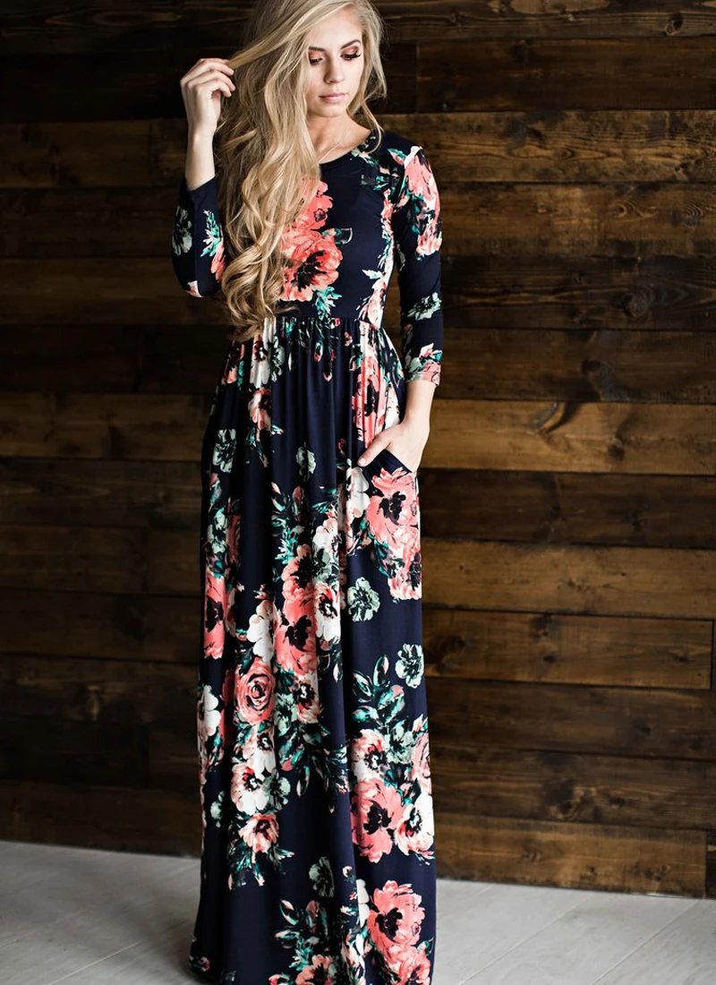 Floral Printed Three Quarter Sleeve Loose Maxi Boho Beach Dress