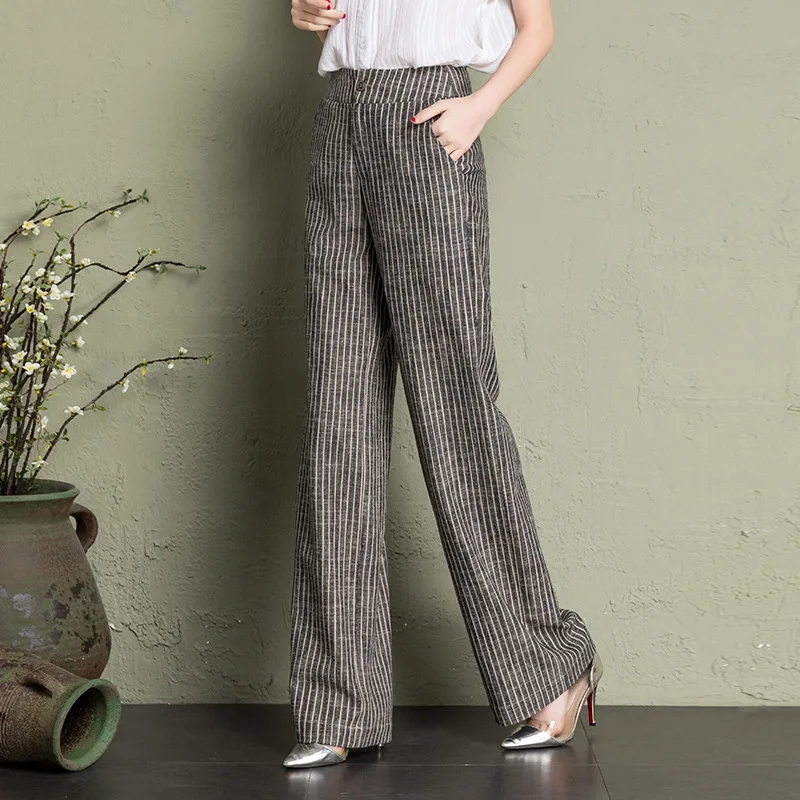 summer Women's Striped High Waist Wide Leg Pants OL Style Loose Cotton linen Long Pants Casual Women Trousers summer Women's Striped High Waist Wide Leg Pants OL Style Loose Cotton linen Long Pants Casual Women Trousers