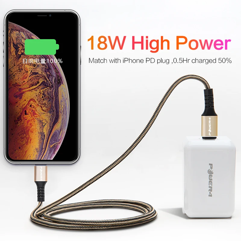 Оригинальный PD кабель для быстрой зарядки Power4 USB C Lightning Apple Плетеный 18 Вт Type iPhone 11