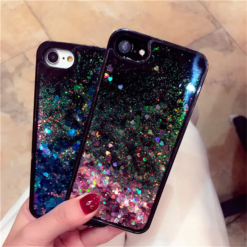For iPhone 6 6S 7 8 Plus Case Glitter Bling Liquid Love Heart Quicksand Black for X XR XS MAX Soft Silicon |