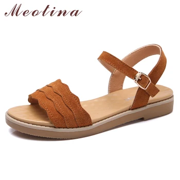 

Meotina Women Shoes Summer Sandals Cow Suede Flat Casual Shoes Buckle Open Toe Fashion Sandals Lady Brown Black Apricot Size 5-9