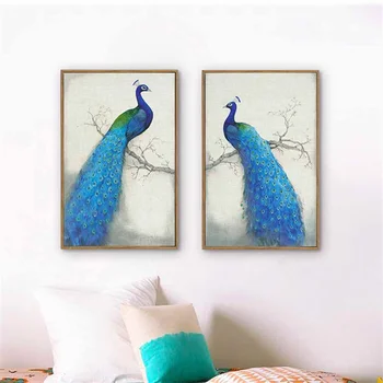 

HAOCHU Blue Peacock Canvas Painting For Living Room Home Decor Painting Visionary Print Poster Simple Nordic Wall Picture