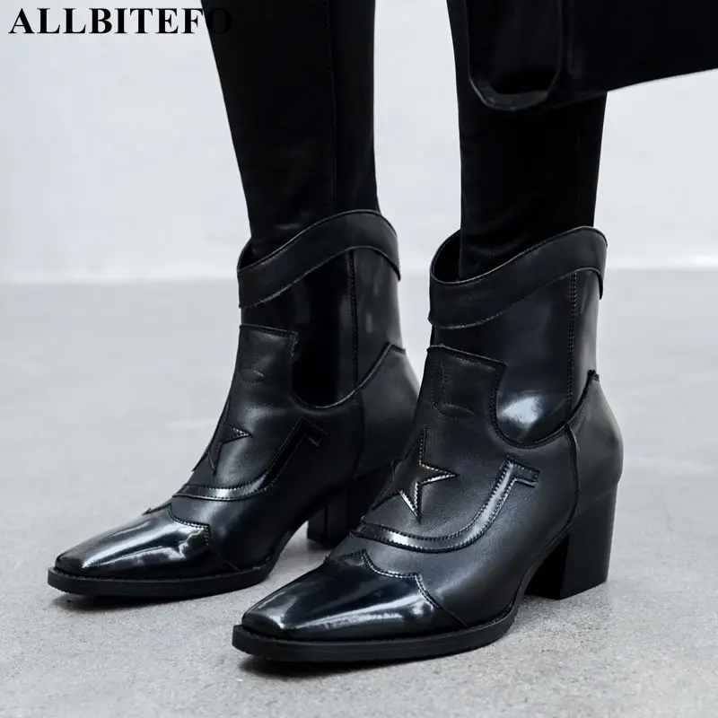 

ALLBITEFO new winter genuine leather square toe high heels ankle boots for women brand women martin boots snow girls boots