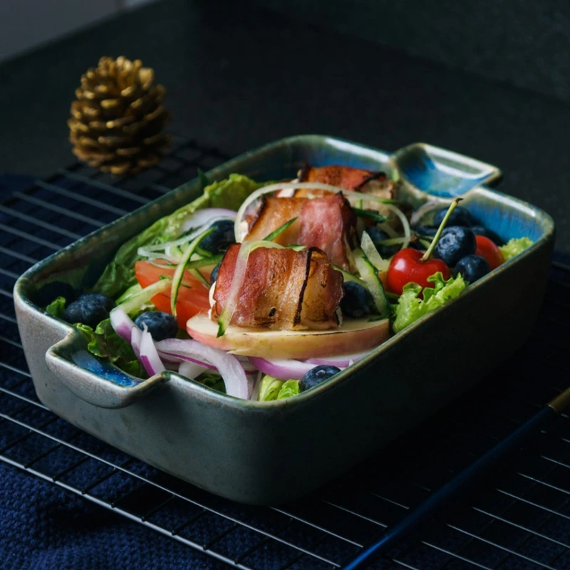 Ceramic Plate Rectangular Dish Dinner Plate Baking Pan Baked Deep Bowl Baked Pan Household Tray With Double Heat Resistance 1pcs