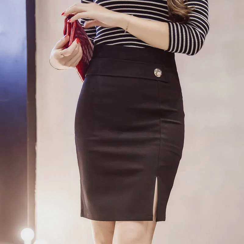 Женские юбки размера плюс, высокая талия, модная юбка-карандаш, повседневная облегающая юбка, элегантная официальная эластичная ткань, красный, черный - Цвет: Черный