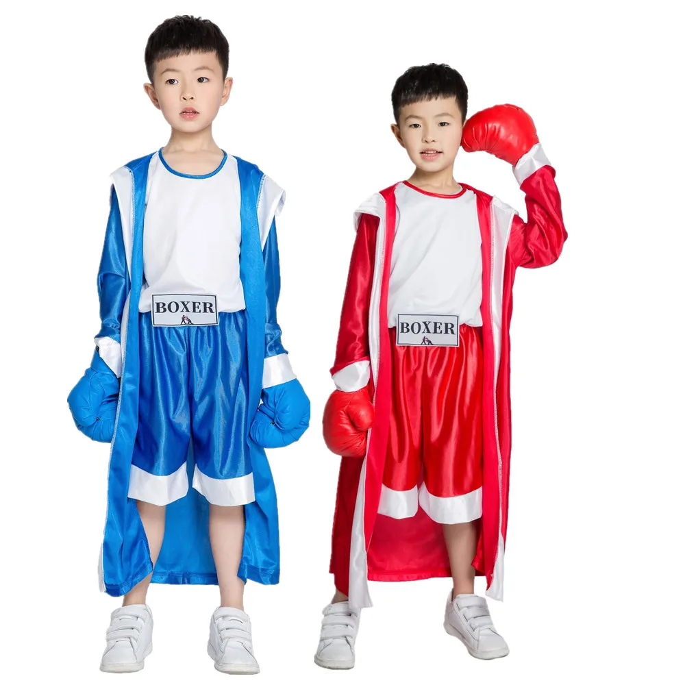 

Child Blue Red Black Boxer Costume Halloween Boy Boxing Match Jumpsuit With Robe Costume