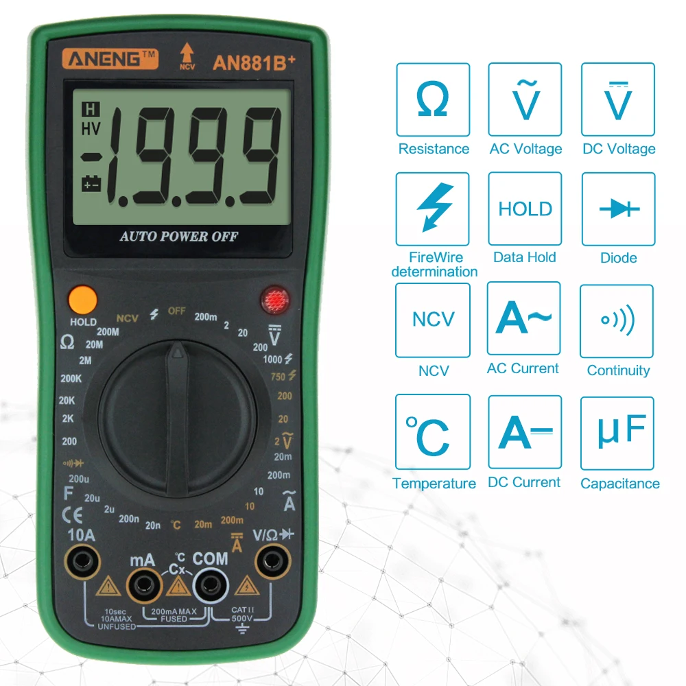 ANENG AN881B+ мультиметр цифровой тестер multimeter мультиметр с подсветкой транзистор тестер цифровой мини мультиметр мультитерка esr meter digital multimeter мультиметор capacitor tester мультиметр с температурой