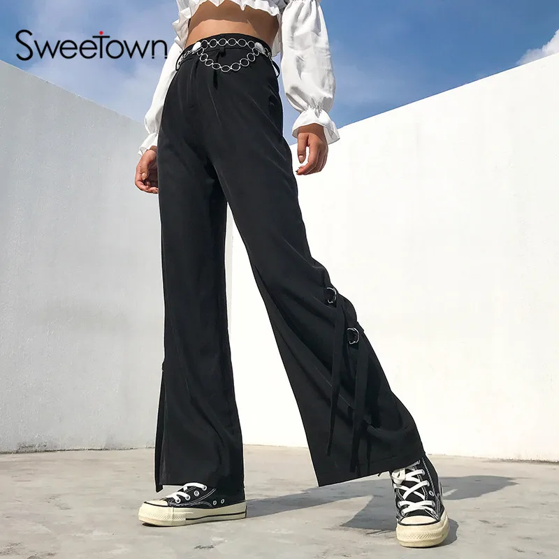 

Sweetown Black Solid High Waisted Wide Leg Pants Ribbon Patchwork Korean Style Women Casual Loose Flare Pants Autumn Streetwear