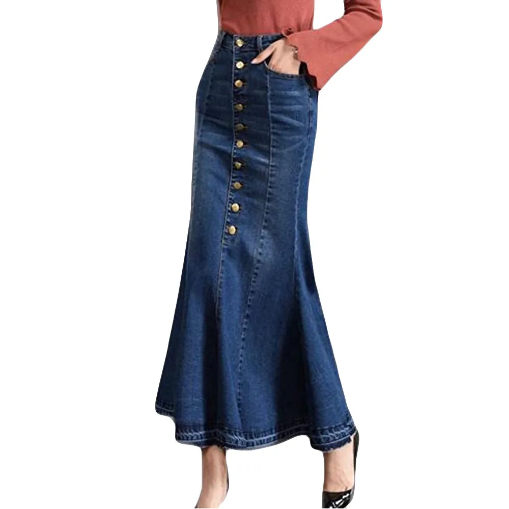 Womens Elegant Long High Waist Button Pocket Front Fishtail Denim Maxi Skirts