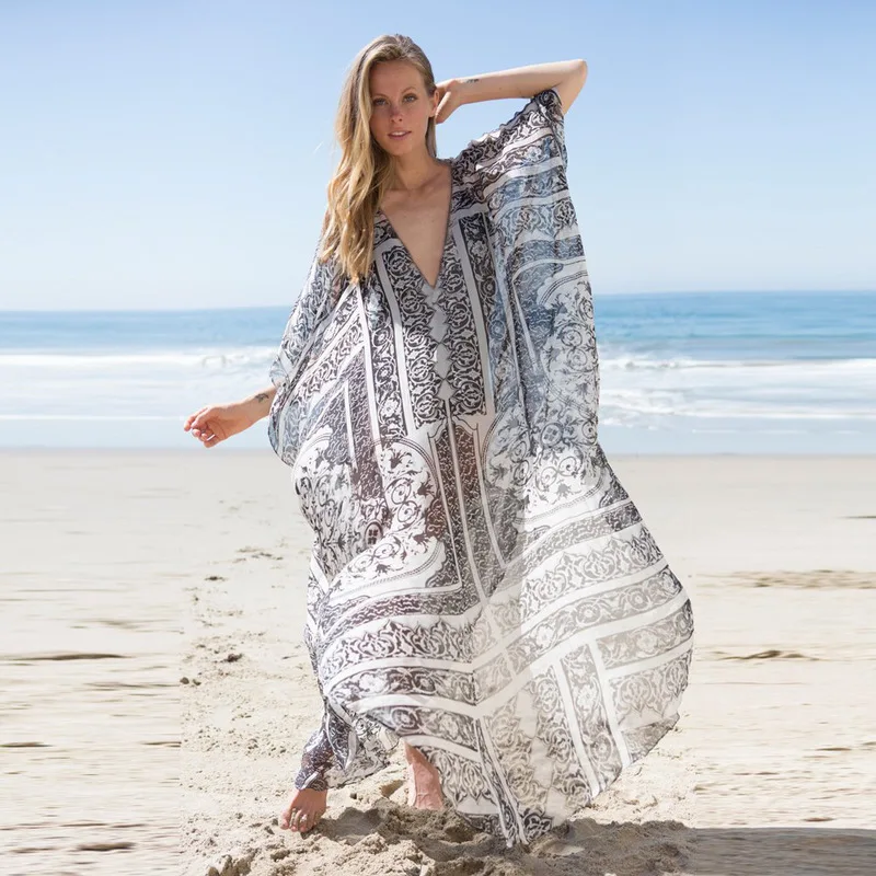 

Beachwear Tunic For The Beach Sarongs Coverup Dress Pareo Women New Summer Loose Big Yards Smock Print Acetate Beach