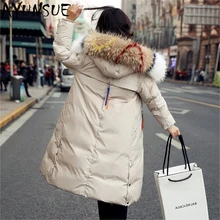 AYUNSUE Женская куртка на утином пуху, новинка, модная Роскошная длинная парка с капюшоном из натурального меха енота, женское теплое Свободное пальто LX2242