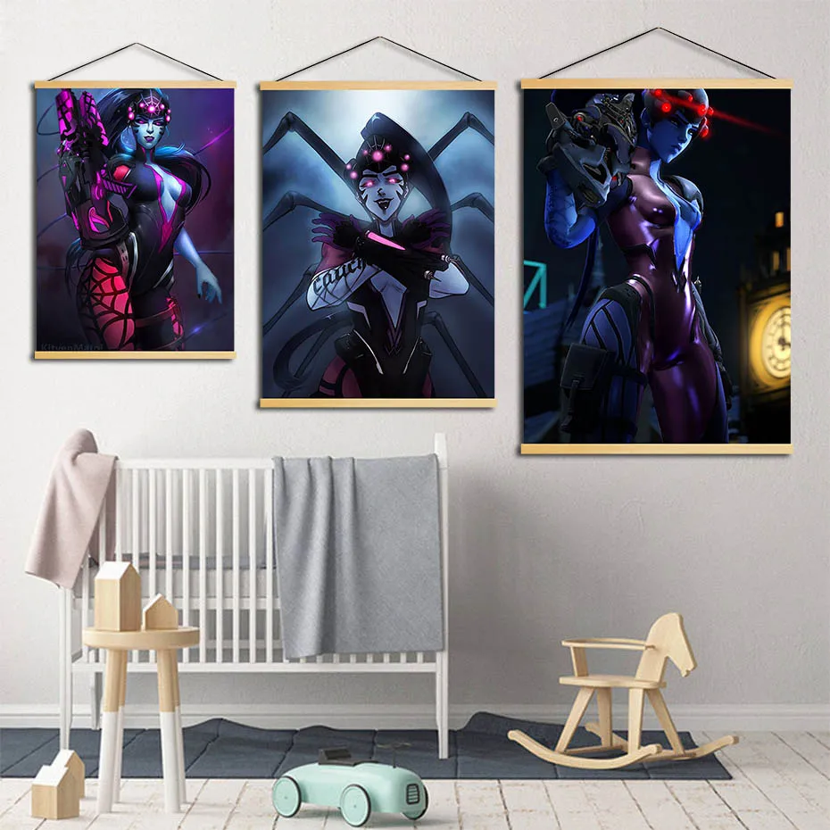 

Canvas Picture Home Decoration Overwatch Print Video Game Role Wooden Scroll Hanging Painting Wall Art Poster For Living Room