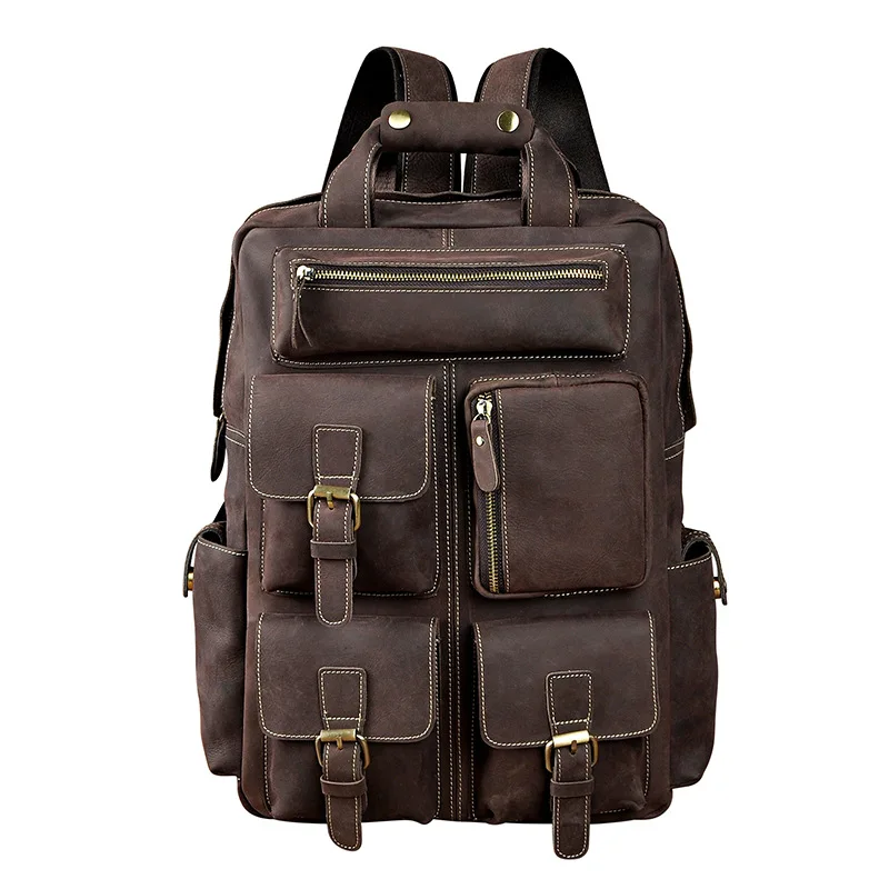 

Genuine Leather Backpack School Bag Large Capacity Laptop Bags Pockets Knapsack Men Crazy Horse Cowhide Rucksack Travel Daypack