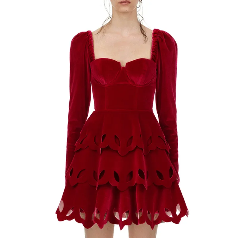 HAMALIEL Автопортрет зимнее нарядное платье Подиум женское красное бархатное многослойное платье с оборками и открытой спиной сексуальное открытое платье без бретелек