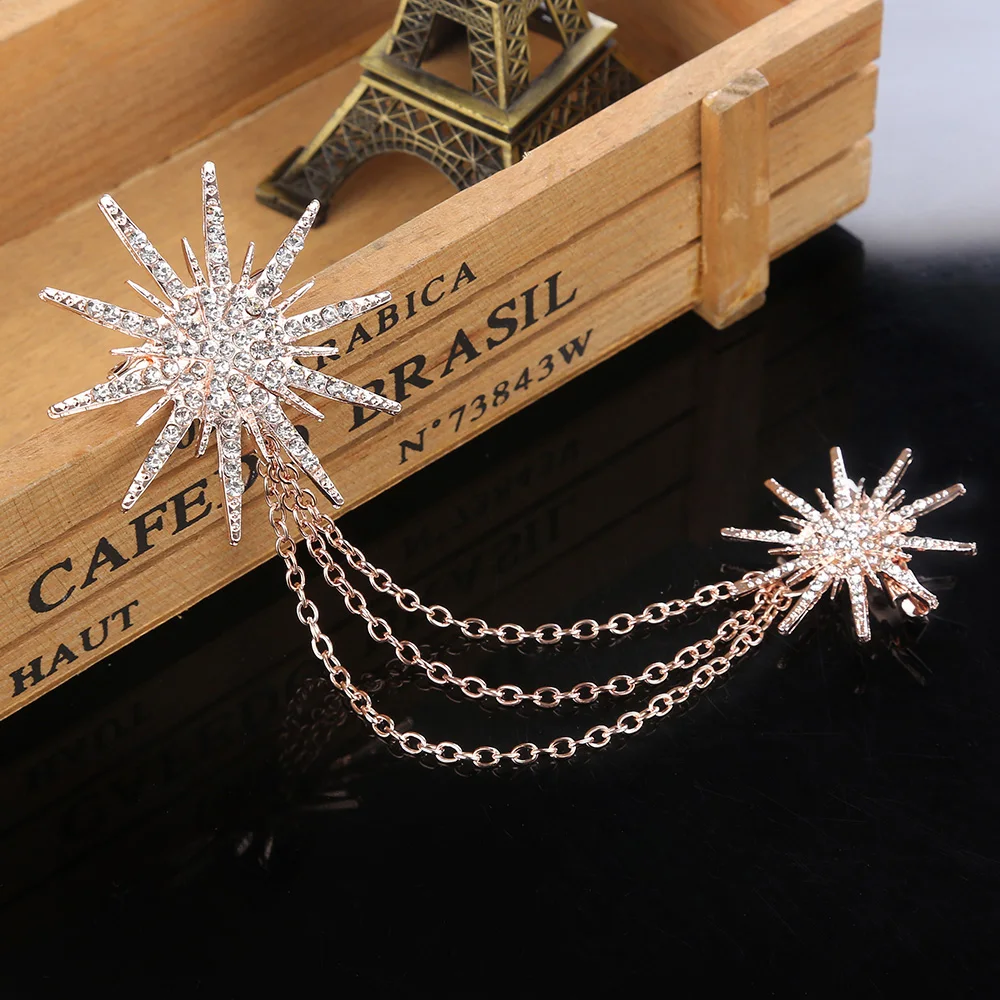

Fashion Women Brooch Crystal Charm Star Snowflake Chain Brooches Lady Dress Decoration Elegant Vintage Gift Gold Silver Black