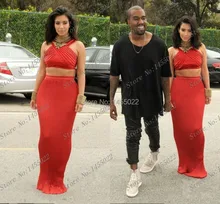Zweiteiler Prom Kleider Lange Abendkleider 2015 High Neck Mantel Kim Kardashian Gefaltete Lange Abendkleid Vestido Longo