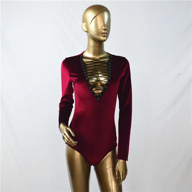 Womens Sexy Lacing Up Bodysuit Top Autumn 2017 Long Sleeve Deep V Neck