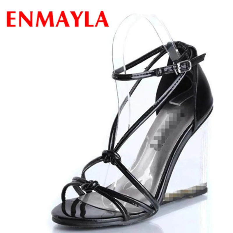 

ENMAYLA Sexy Black White Cross-tied Summer Shoes Woman Transparent High Heels Gladiator Sandals Womens Wedges Party Dress Shoes