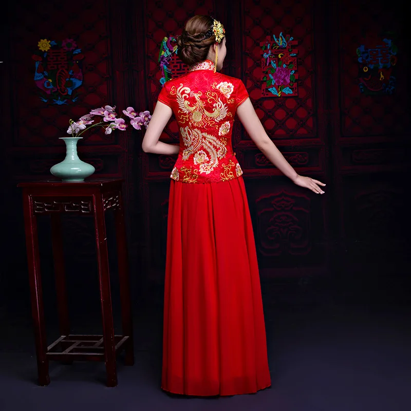 Высокое качество 2018 Для женщин феникс вышивка Cheongsam красный Qipao длинные Традиционный китайский свадебное платье Oriental Стиль платья