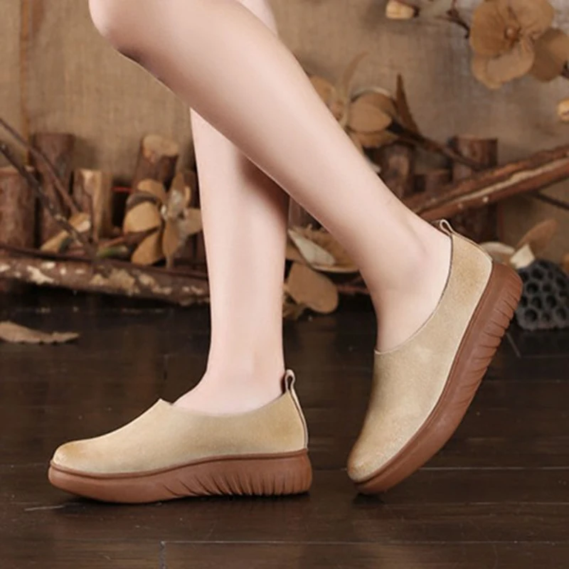 

2017 New Genuine Leather Spring and Autumn Women's Shoes Handmade Retro Thick Soft Bottom Round Toe Shoes 1017