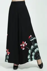 Стильный черный женский хлопок широкие брюки ноги китайский Для женщин Длинные повседневные брюки свободные штаны цветок Размеры M, L, XL, XXL