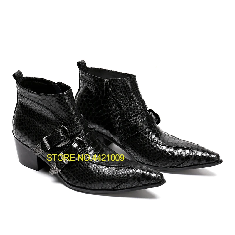 

Italy Genuine leather Men Pointed Toe Buckle Men's Dress Boots Men Height Inceased Men's Snake Skin High heels Martin Boots