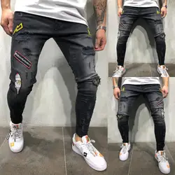 2019 Новый Для мужчин рваные мужские байкерские джинсы брюки с рваными краями и потертостями принт вышивка Slim Fit эластичные джинсовые штаны