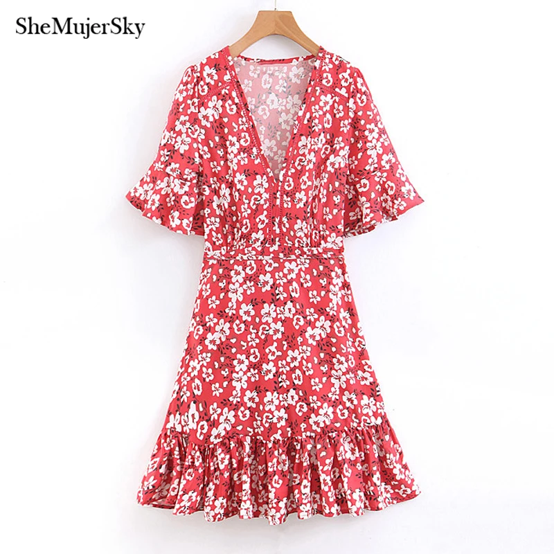 

SheMujerSky Red Floral Print Women Summer Dress V-neck Half Sleeve Ruffles Dresses zomerjurk dames 2019 Bodycon