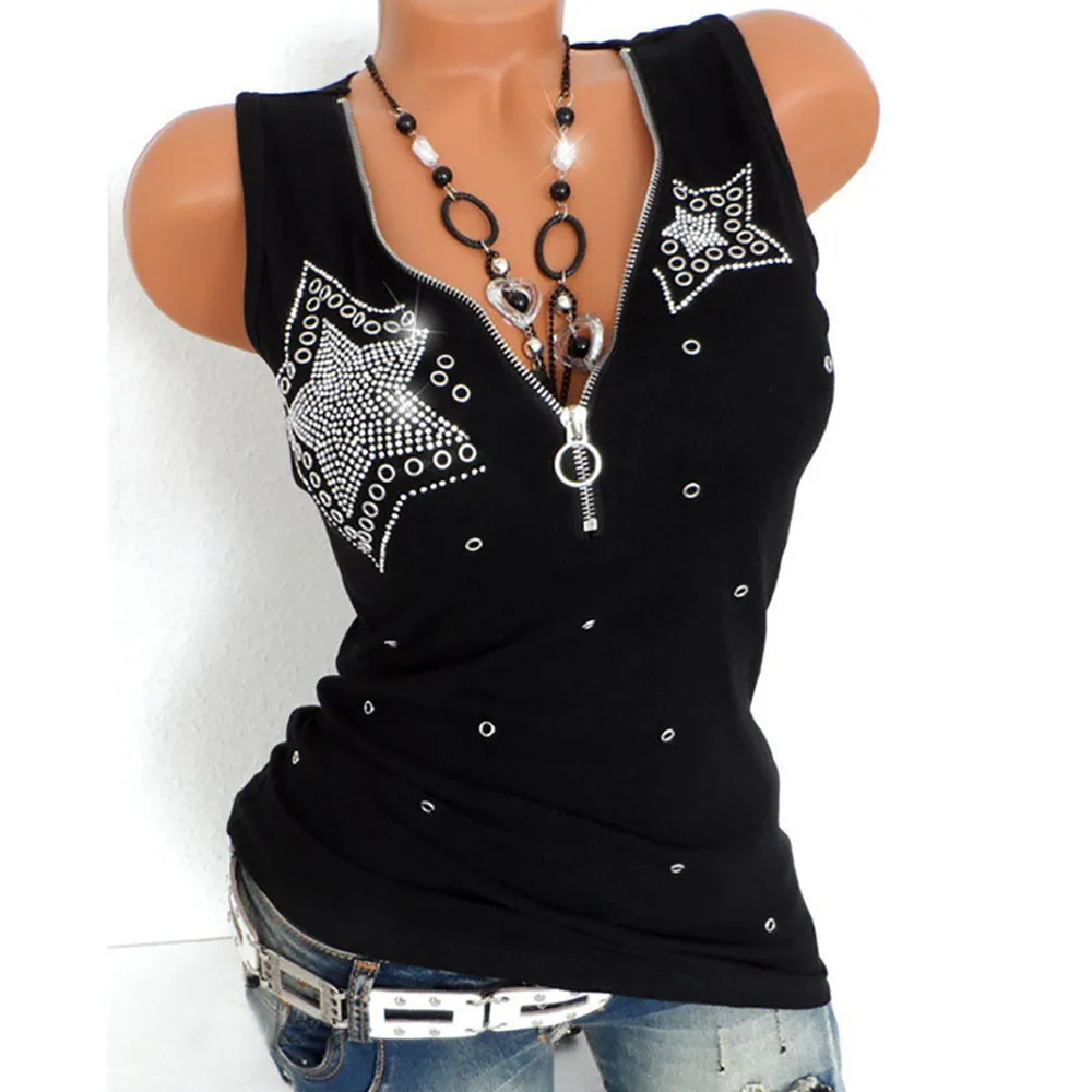 

Women Summer Ladies Hot Drill Zipper Tops Sleeveless Blouse Pullover Tops Fashion V-Neck Sequined Solid Shirt C25