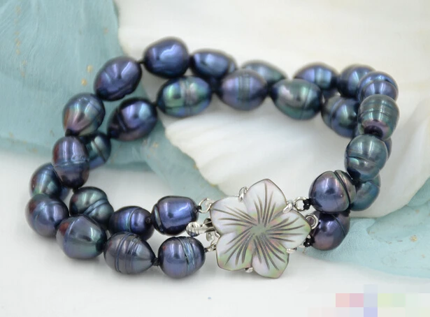 

free shipping 12725 2row rice black Freshwater cultured PEARL bracelet