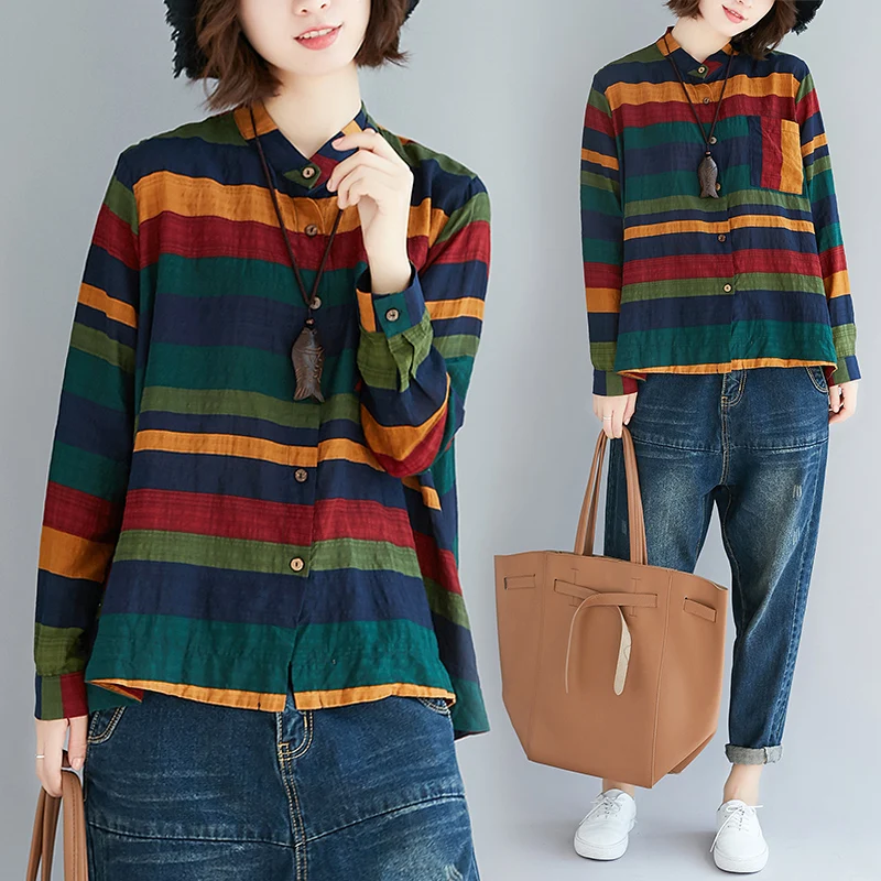 Koop 2018 Lente Herfst Vrouwen Vrouwelijke Mode Merk Vintage Kleurrijke Gestreepte Katoen Linnen Stand Kraag Losse Casual Lange Mouw Shirt