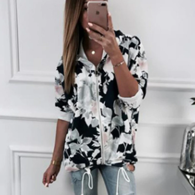

New Women Jackets Autumn Warm Bomber Coat Floral Print Windbreaker Casual Outwear Female Hoodies Tops