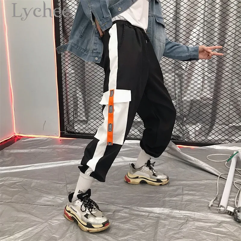 

Lychee Harajuku Color Block Pocket Female Jogger Pants Trousers Color Block Loose High Waist Summer Spring Women Jogger Pants