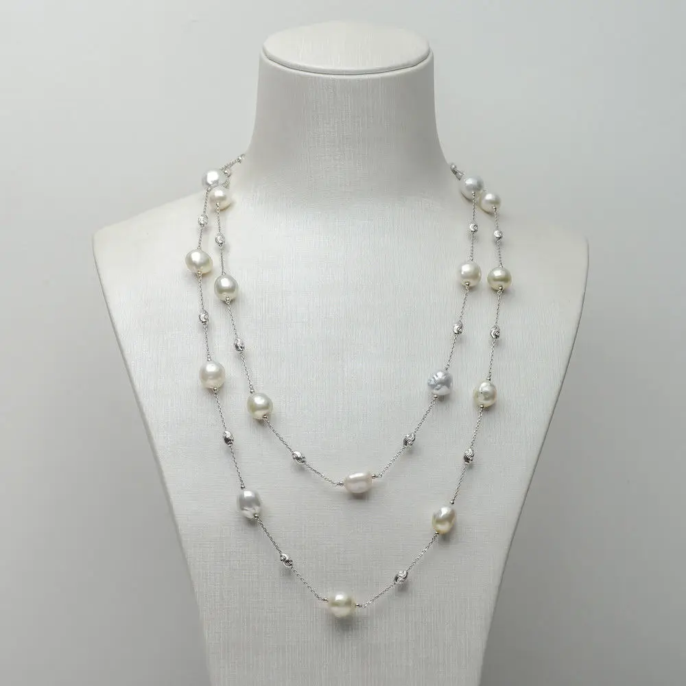 925 Sterling Silver Real South Sea Cultured Pearl Long Necklace 9.5 10