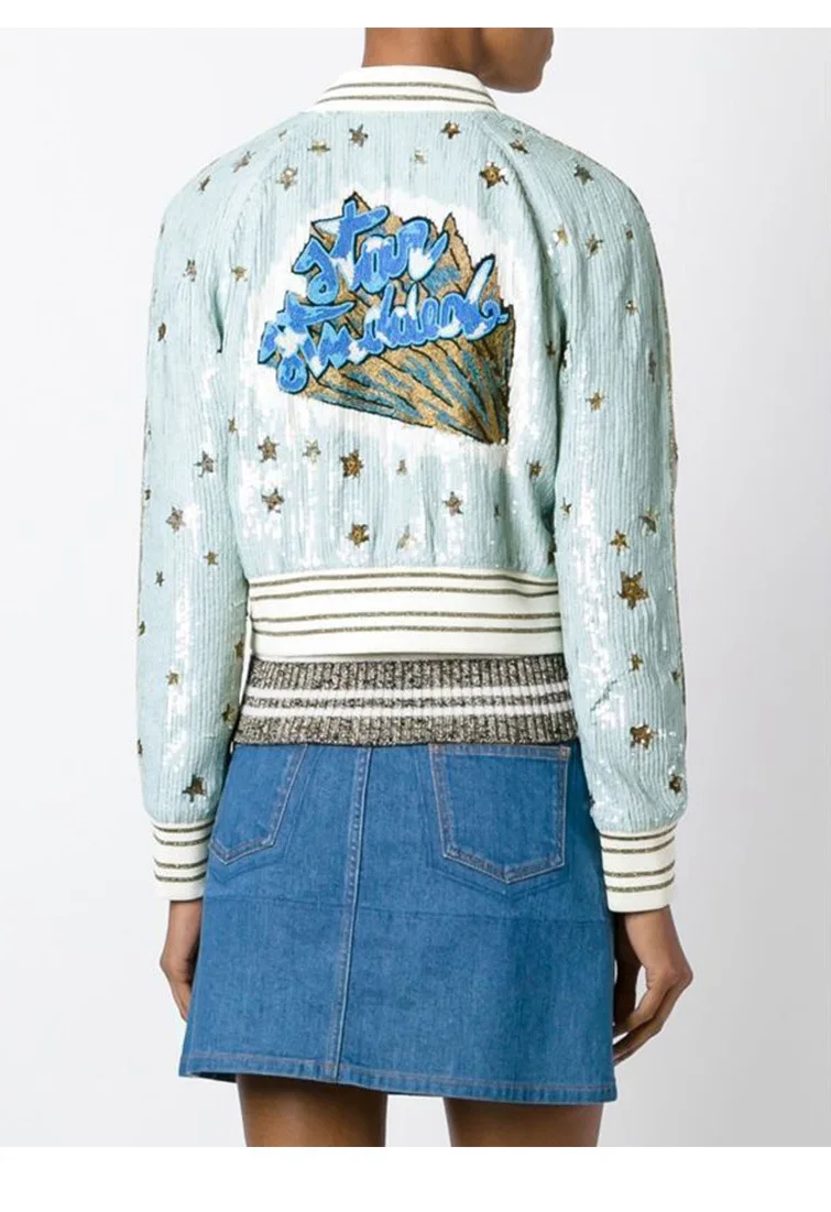 

Yidora 2016 New Runway Fashion Sky Blue Sequins Short Bomber Jacket Gold Stars Back Beads Embroidery Long Sleeves Jackets Women