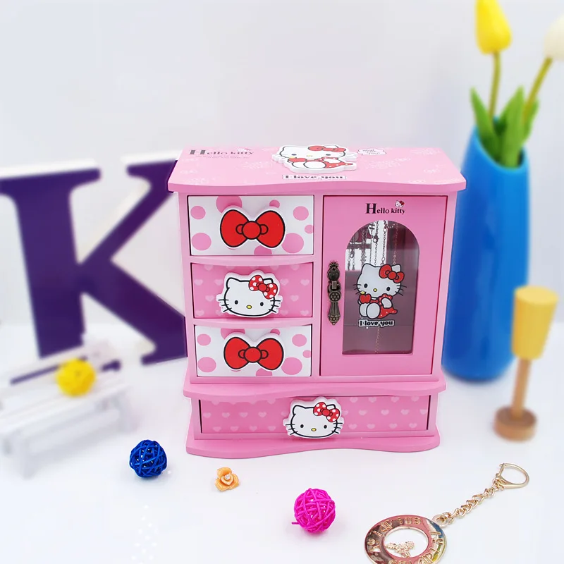 Мультяшная деревянная шкатулка hello kitty, Настольная коробка для хранения ювелирных изделий с музыкой, контейнер для хранения косметики KT, органайзер, контейнеры для хранения бусин