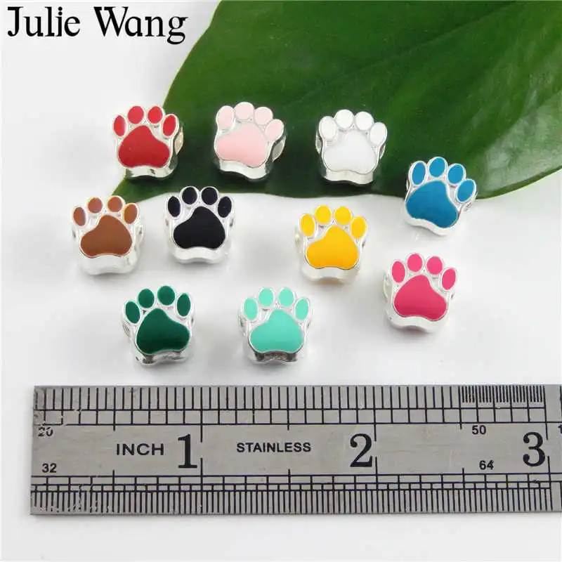 Julie Wang 40PCS Mix 10 Colors Enamel Pet Cat Dog Paw Footprint Beads For European Charms Bracelet Jewelry Making Accessory