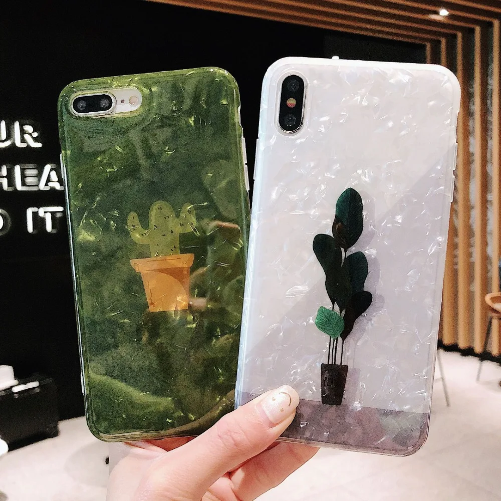 

Shell pattern Green cactus Frosted Touch Cover Cute Phone Case for iPhone 6 6s plus 7 7Plus 8 8Plus X XR XSMAX soft tpu material