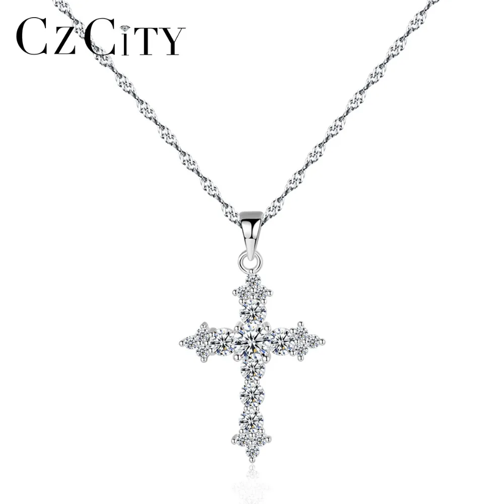 CZCITY 925 пробы серебро AAA + кубический циркон бриллиантовой крест кулон Цепочки и ожерелья изысканный витая