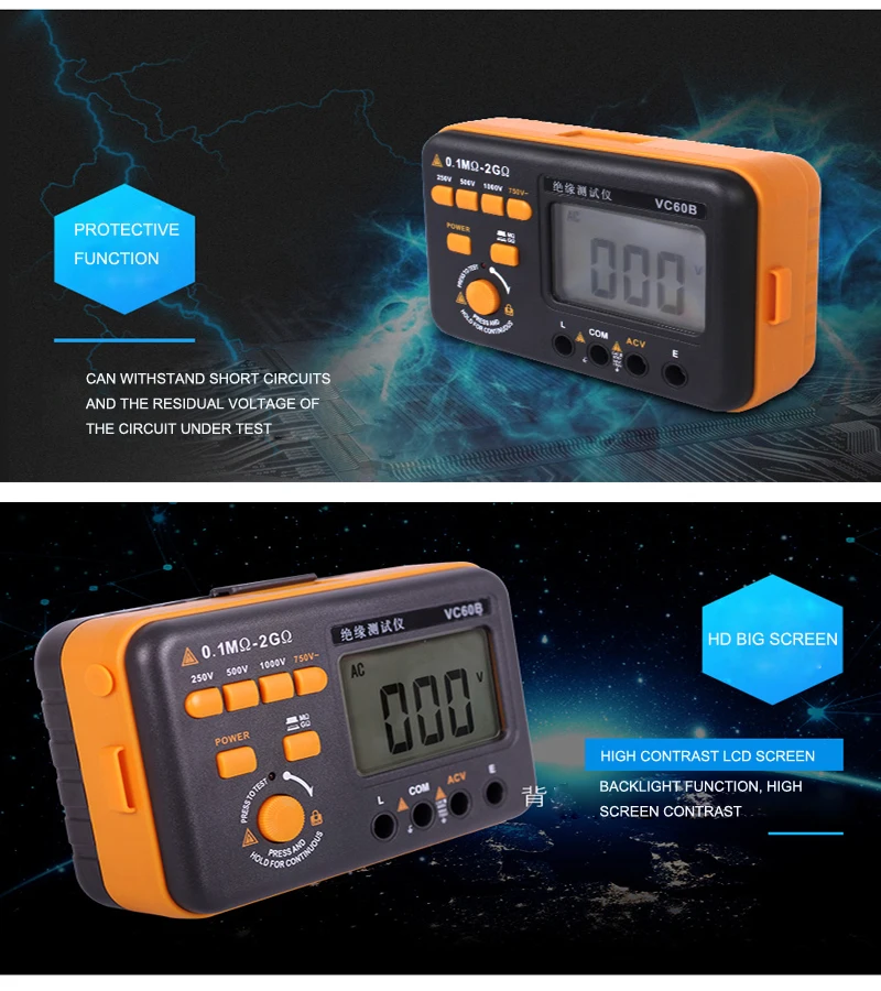 VC60B 0.1M-2G_MOhm мультиметр Ohmic Сопротивление изоляции тестер напряжения 1000 в