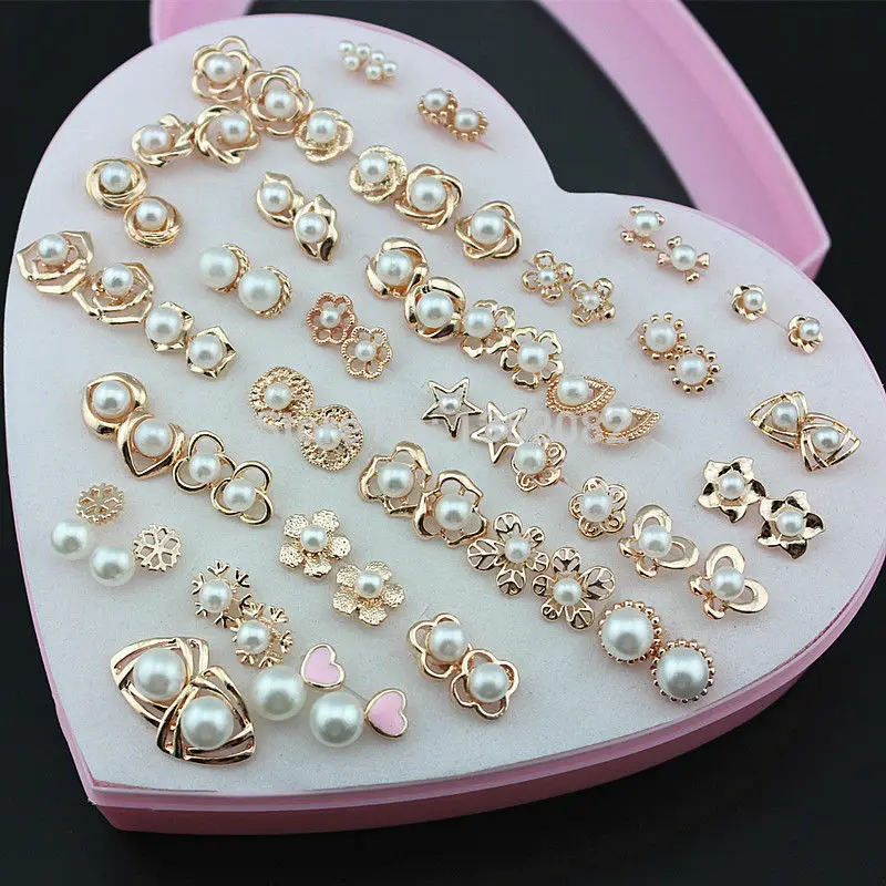 

Jewelry Wholesale 36 pairs/lot Light Rose Gold Earrings Random Styles Imitation Pearls Stud Earrings Christmas Gift YE223