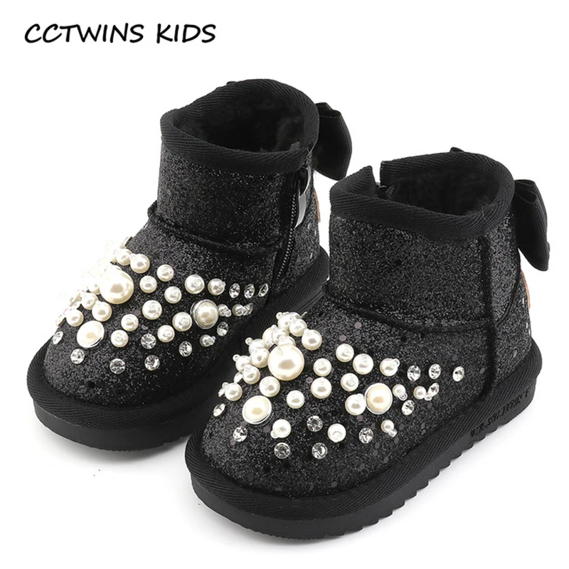 

CCTWINS KIDS 2017 Winner Children Fashion Pearl Rhinestone Baby Pu Leather Plush Snow Boot Kid Girl Brand Black Flat CS1350