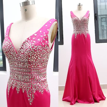 

Fuchsia Sheath V Neck Floor-Length Crystal Satin Prom Party Formal Evening Dress M 262987