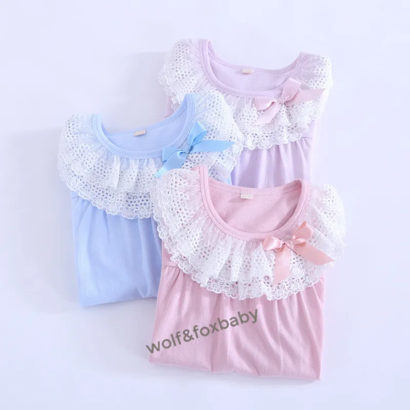 Retail 4-16 years cotton short-sleeved nightdress lace pajamas home service spring fall autumn Sleepwear & Robes hot