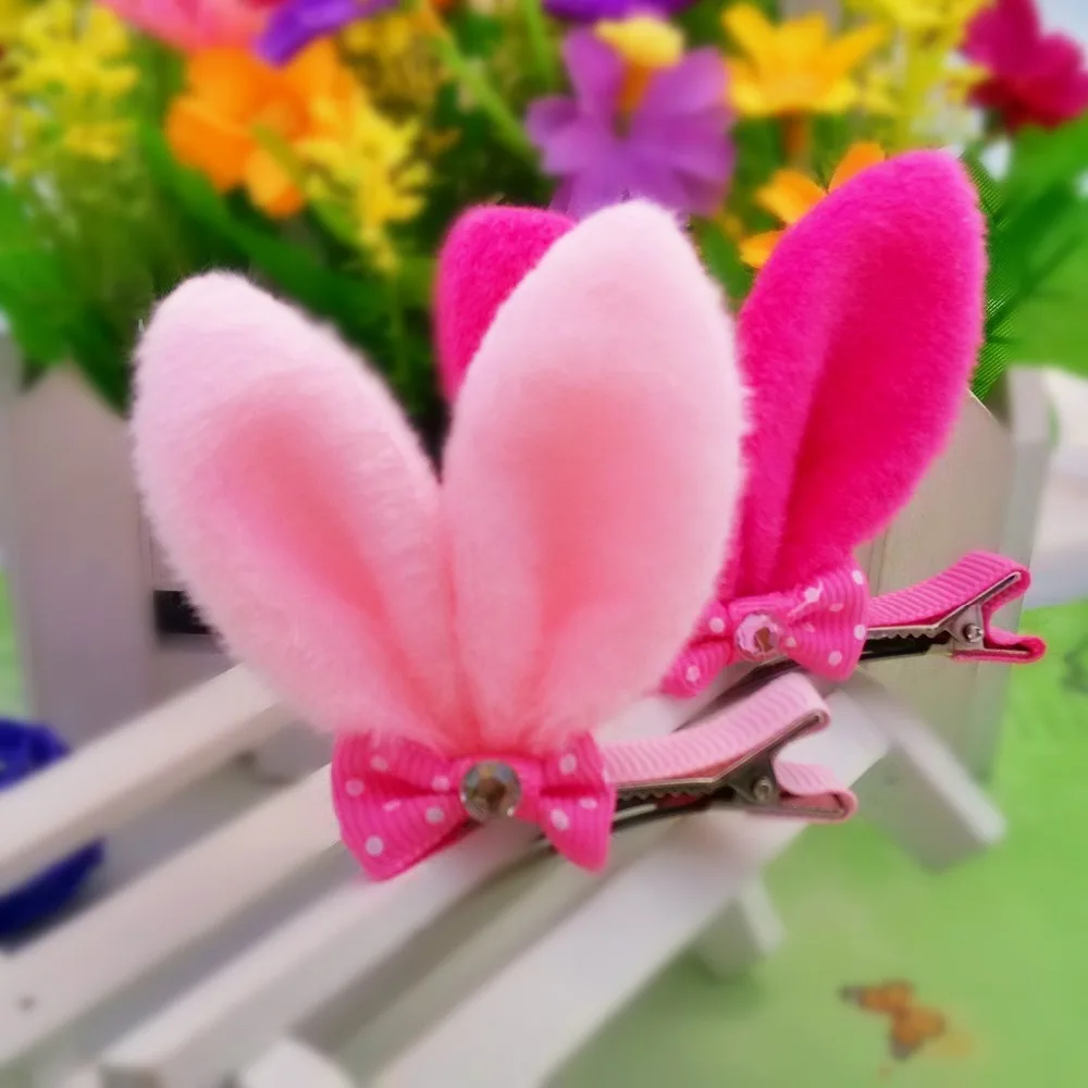 

Girls Plush Cute Rabbit Ear Hair Clip With Tiny Bow Children Velvet Ears Hair Accessories Dot Bowknot Lovely Pink Kids Hair clip