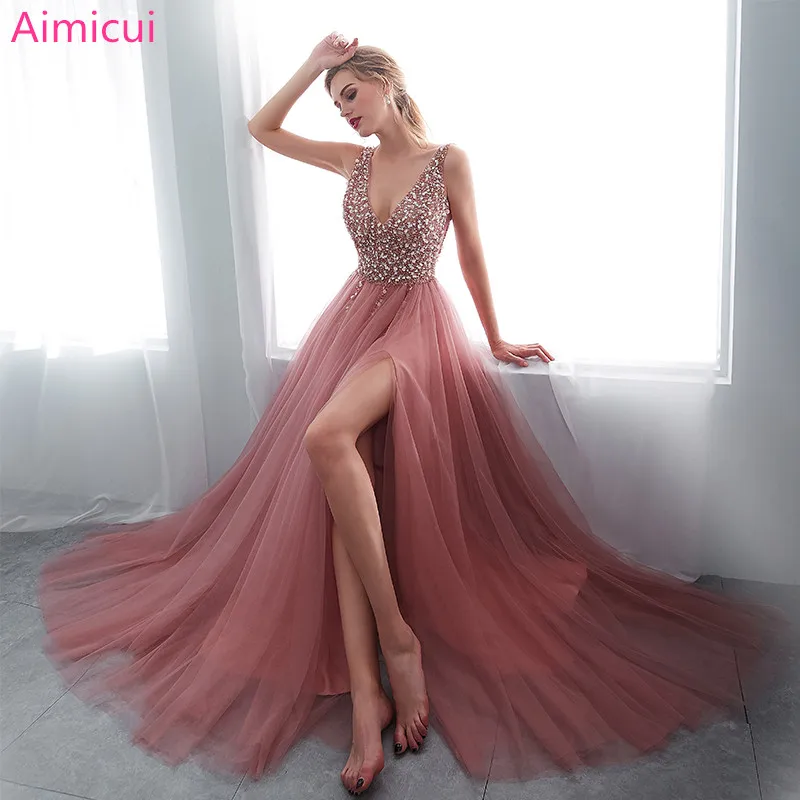 

V Neck Beading Evening Dress Back Lace Up Evening Dress With Slit Evening Gown 2019 Long Prom Dress Robe De Soiree
